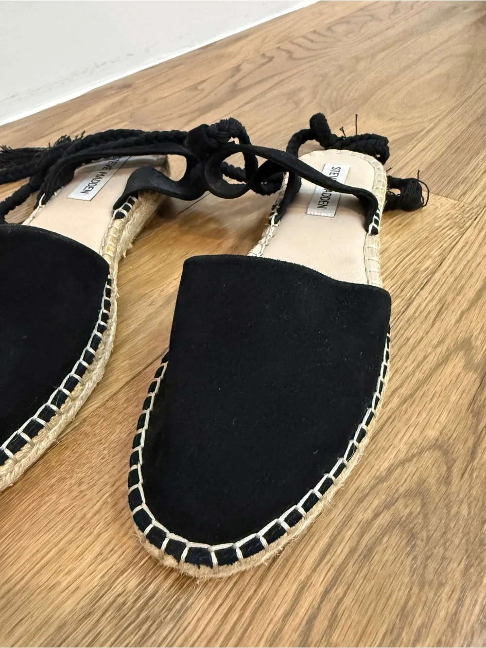 Steve Madden Black Suede Mesa Espadrille Ankle-Tie Flats